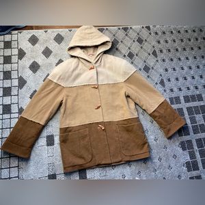 Jagged Border Toggle Button Hooded Coat Cashmere,Wool Nylon Fleece Sz M Brown